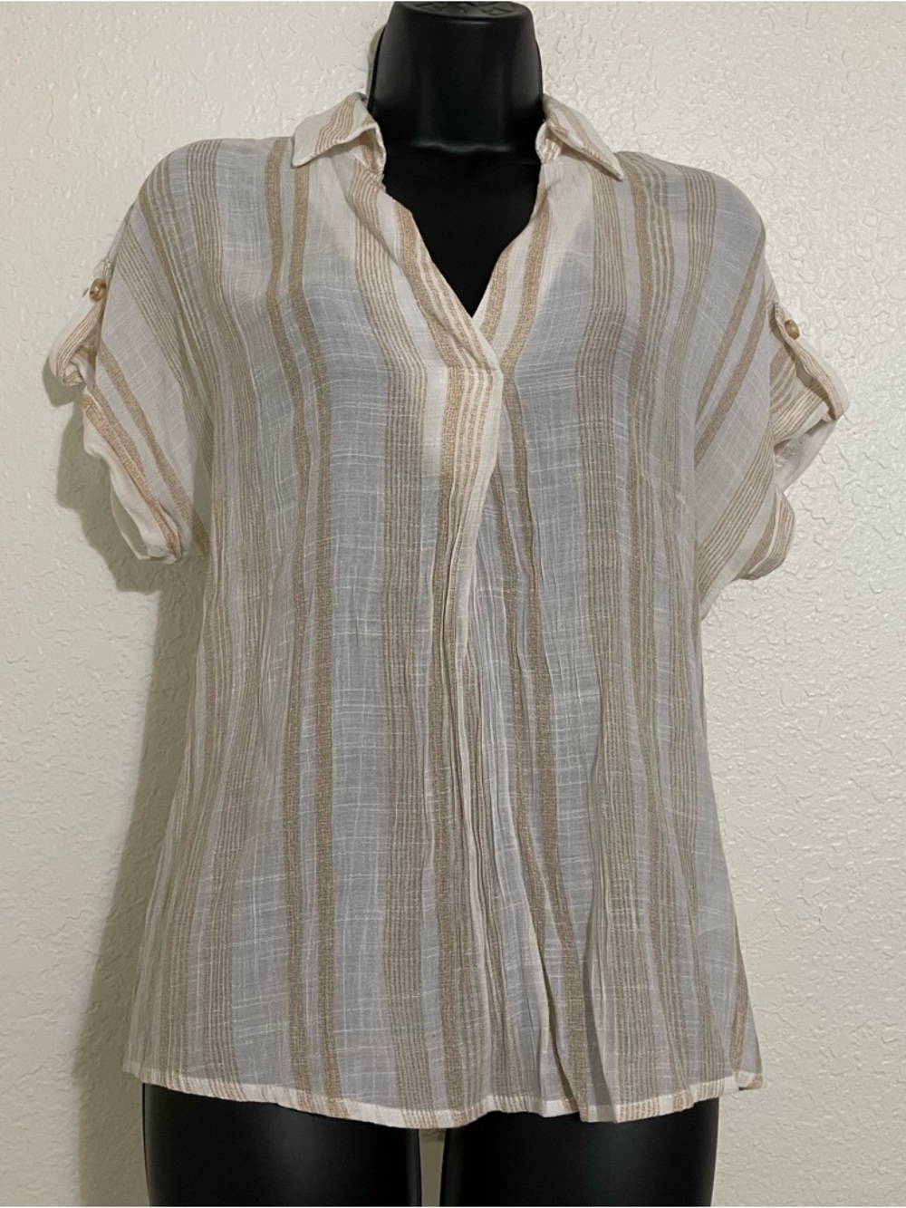 mine White and Tan Striped Shirtβ Button Back Detail